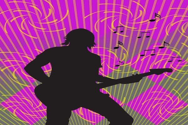 Band Person Silhouette Guitar Background Purples And Yellows With Swirls And Music Notes 1 Band Person Silhouette Guitar Background Purples And Yellows With Swirls And Music Notes 1